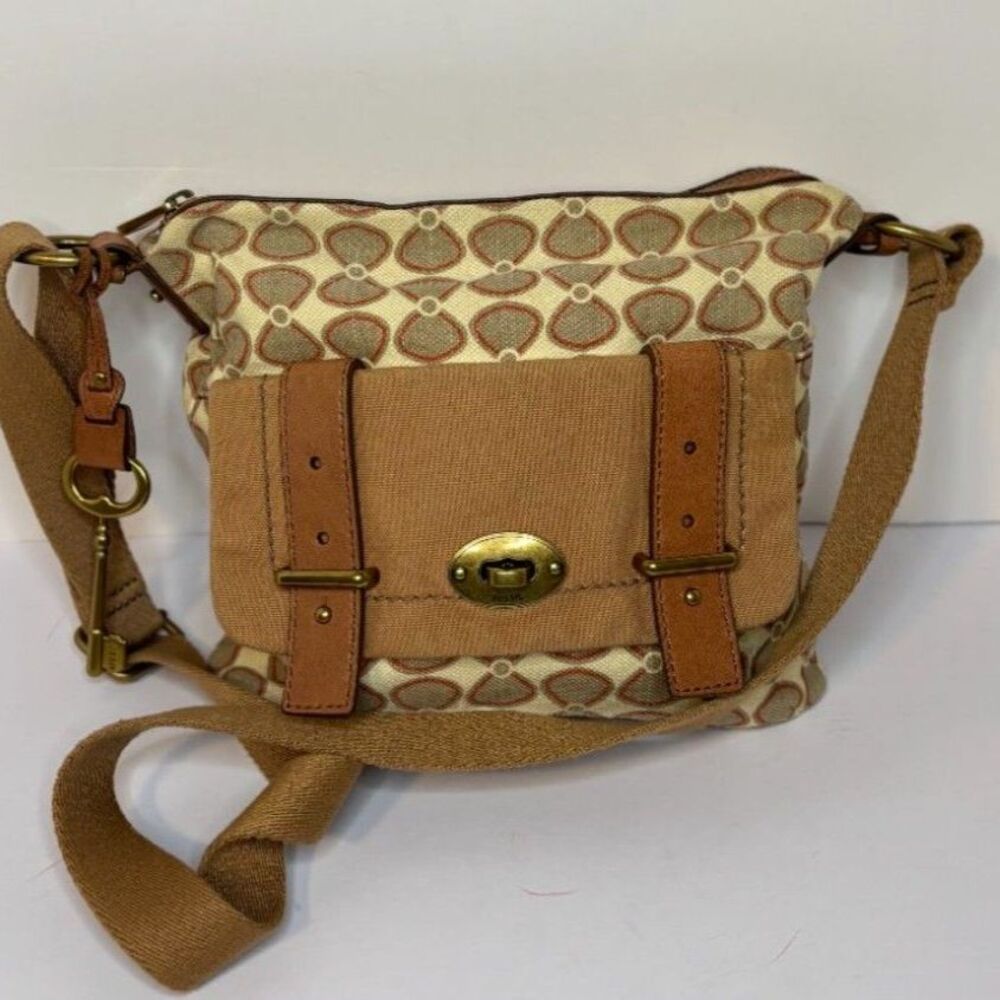Fossil Patterned Canvas Crossbody Shoulder Bag Tan Leather Trim
